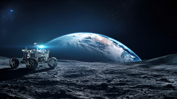 Ilustración de un rover en la superficie de la Luna con el sistema de navegación LUPIN, de la empresa GMV