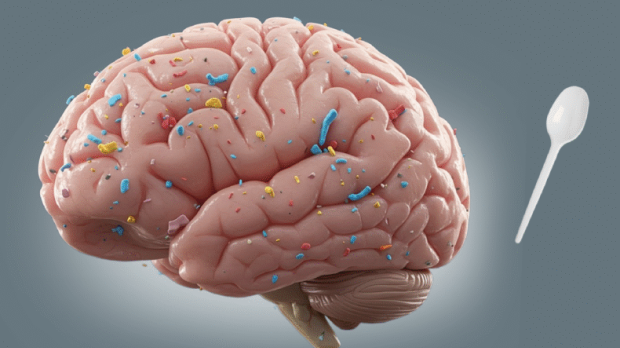 Una cuchara al lado de un cerebro salpicado por microplásticos