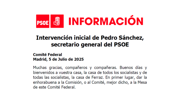 Cabecera del discurso de Pedro Sánchez ante el Comité Federal