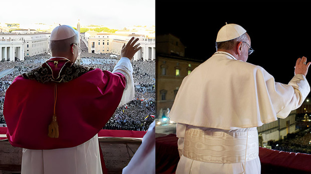 León XIV (izquierda) y Francisco (derecha) en su primer saludo al mundo como Papa