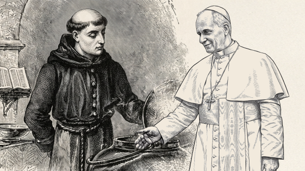 Ilustración del hermano Lorenzo entre fogones y el Papa León XIV