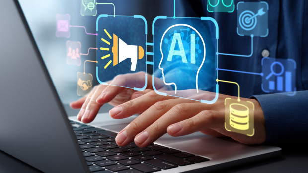 AI agent and marketing promotion automation technology. Advertisement AD and campaign management. Businessman using laptop computer to give instructions to artificial intelligence at desk in office.