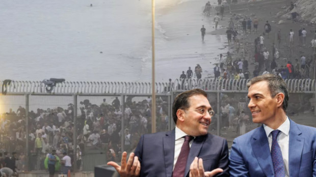 Al fondo el paso fronterizo del Tarajal colapsado por inmigrantes marroquíes durante el asalto a Ceuta (Europa Press)