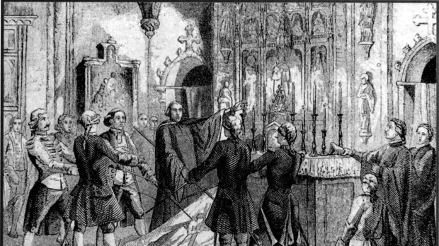 Grabado de 1713 en el que se ve el juramento del conseller en jefe de Barcelona, Rafael Casanova