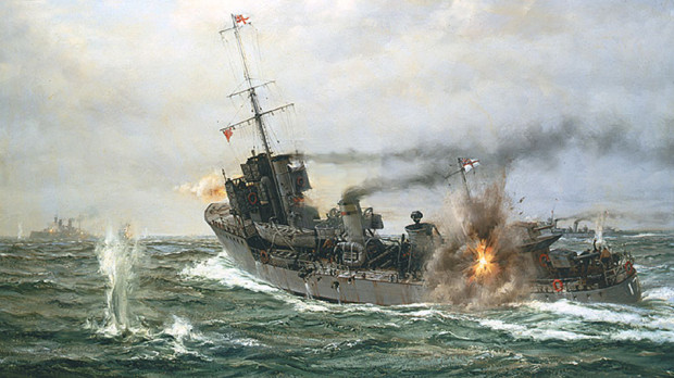 El destructor británico HMS Strongbow (clase M) bajo ataque durante la Primera Guerra Mundial