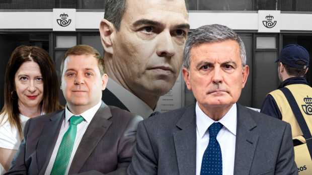Montaje de Pedro Saura, Juan Manuel Serrano, Leire Díez, Pedro Sánchez y correos