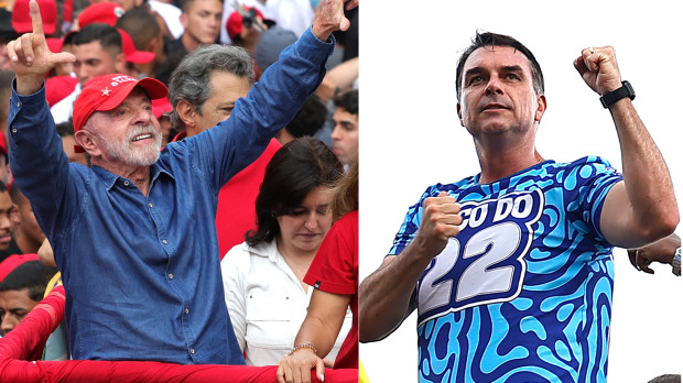 AME9419. BOGOTÁ (COLOMBIA), 24/10/2026.- Combo de fotografías que muestra al presidente y candidato a la reelección de Brasil Luiz Inácio Lula da Silva (i) y al candidato opositor Flávio Bolsonaro durante sus respectivos cierres de campaña este sábado y que según últimos sondeos Bolsonaro ganaría la segunda vuelta de las elecciones con un 51 % de los votos válidos frente al 49 % de Lula da Silva. EFE/ Sebastiao Moreira / Andre Coelho