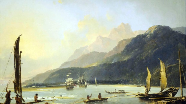 William Hodges : Resolución y aventura con un barco de pesca en la bahía por Matawai ( Tahití ), Óleo sobre lienzo, 1776