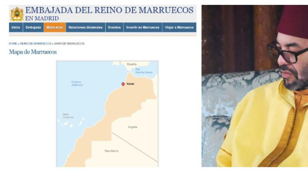 A la izq. el mapa oficial de la Embajada marroquí que se anexiona Ceuta y Melilla; a la derecha, imagen de Mohamed VI