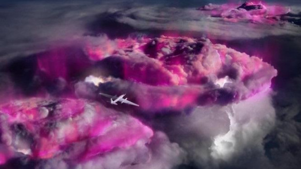 Recreación artística de un avión sobrevolando nubes brillantes de rayos gamma en el Caribe