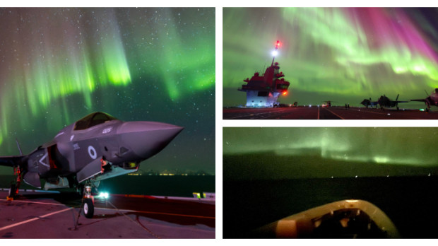 Una impresionante aurora boreal desde el portaaviones HMS Prince of Wales y la fragata F-105 Cristóbal Colón