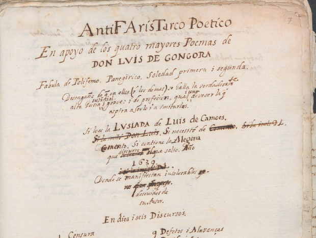 Portada del manuscrito sobre Luis de Góngora