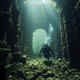 Buzo explorando ruinas de edificios arqueológicos submarinos
