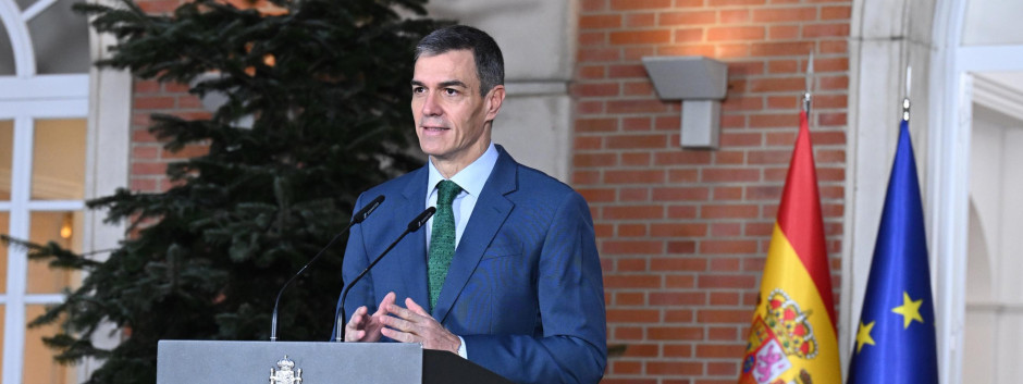 El presidente del Gobierno, Pedro Sánchez, durante una declaración institucional, en el Palacio de la Moncloa
