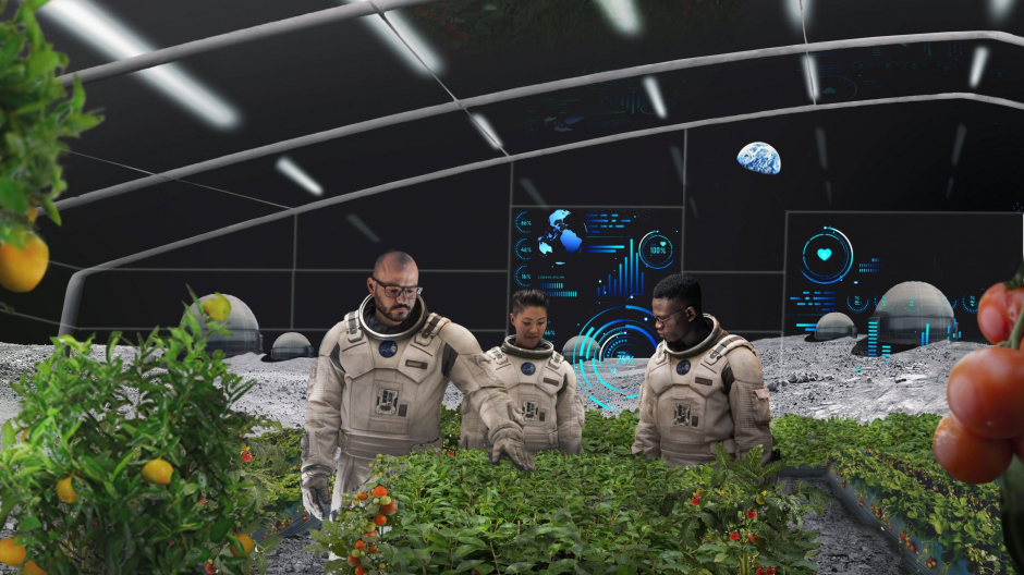 Recreación hecha por ordenador de varios 'astrocultures' supervisando un cultivo en la Luna