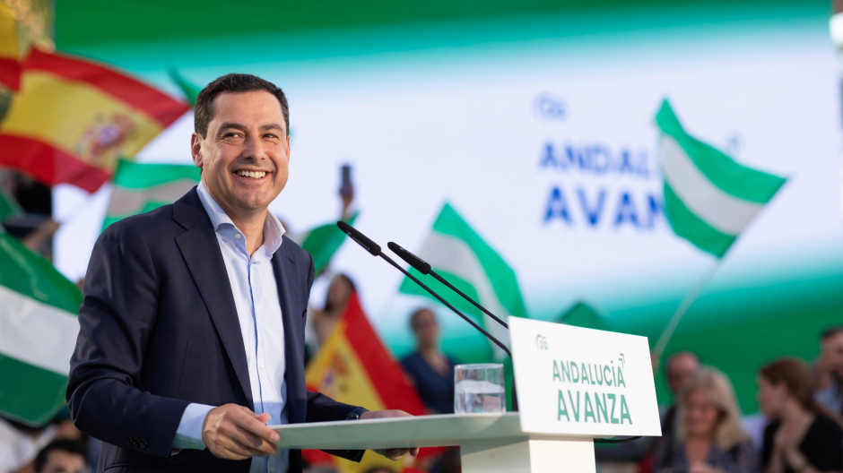 El candidato del PP y presidente de la Junta de Andalucía, Juanma Moreno Bonilla