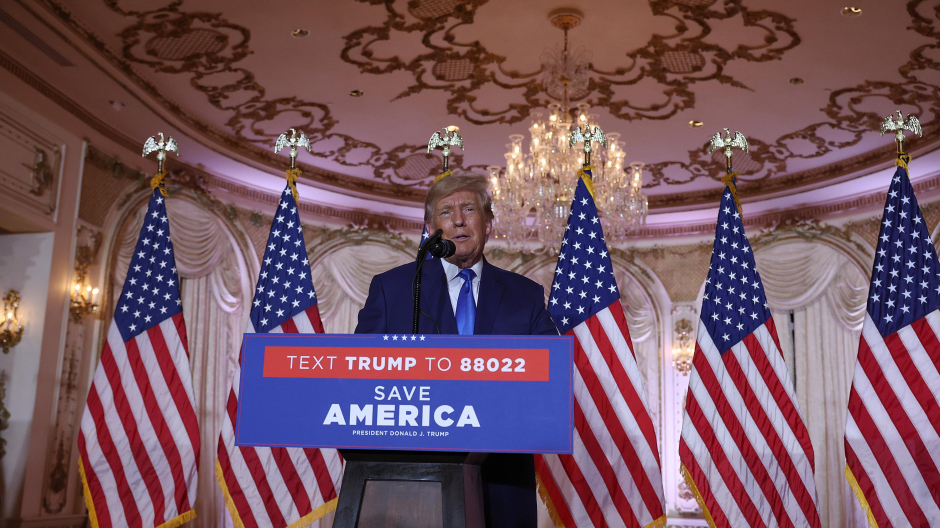 PALM BEACH, FLORIDA - NOVEMBER 08: Former U.S. President Donald Trump speaks during an election night event at Mar-a-Lago on November 08, 2022 in Palm Beach, Florida. Trump addressed his supporters as the nation awaits the results of the midterm elections.   Joe Raedle/Getty Images/AFP (Photo by JOE RAEDLE / GETTY IMAGES NORTH AMERICA / Getty Images via AFP)