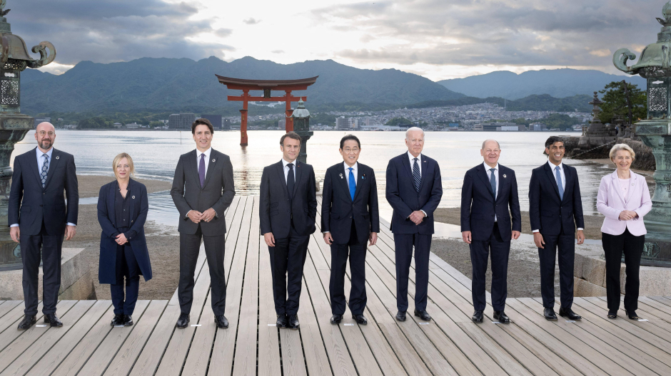 Joe Biden, Olaf Scholz,Rishi Sunak, Ursula von der Leyen, Charles Michel, Giorgia Meloni Justin Trudeau, Emmanuel Macron y el primer ministro de Japón Fumio Kishida en la Cumbre del G7 de Hiroshima