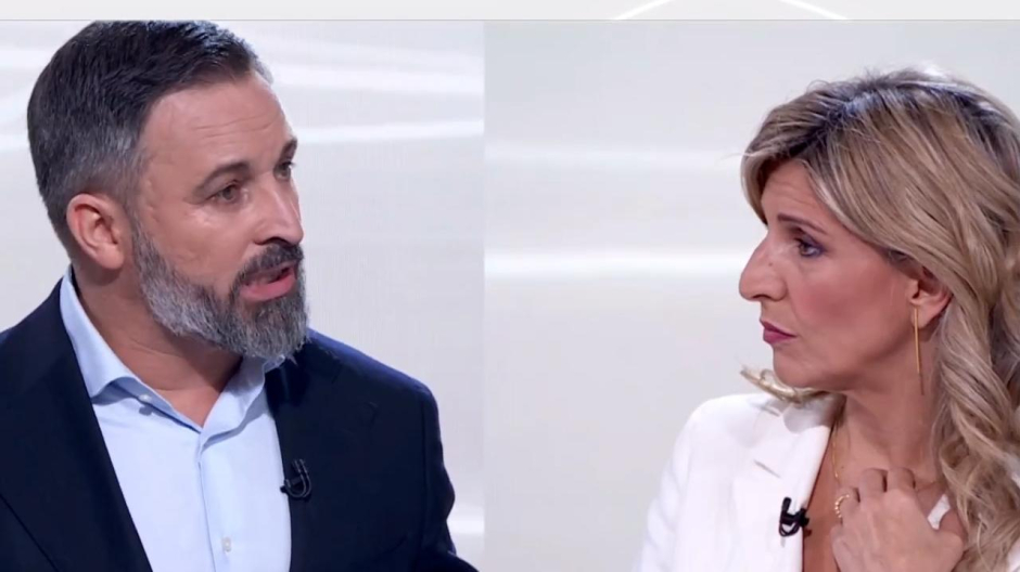 Santiago Abascal, Yolanda Díaz y Pedro Sánchez durante el debate a tres