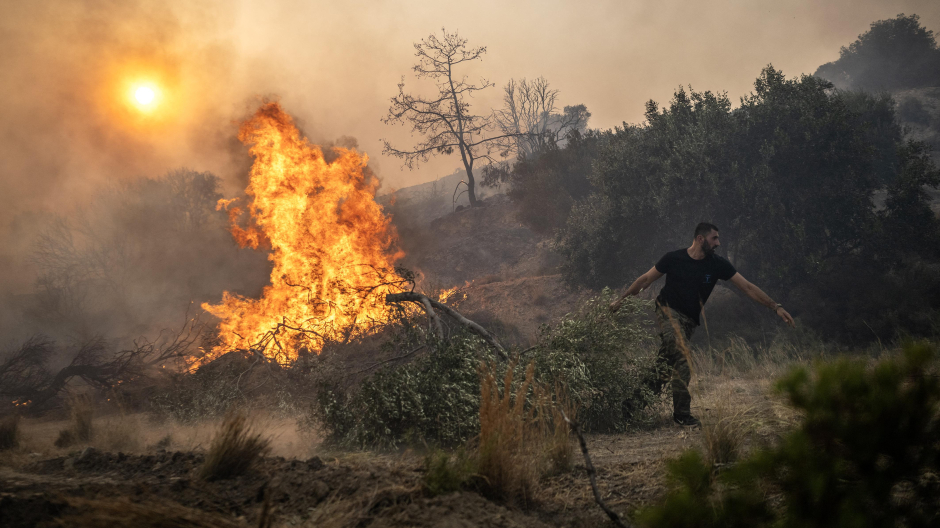 Un hombre tira de la rama de un árbol mientras un incendio arde en el pueblo de Gennadi en la isla griega de Rodas
