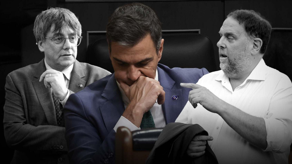 Un montaje fotográfico de Pedro Sánchez, Oriol Junqueras y Carles Puigdemont