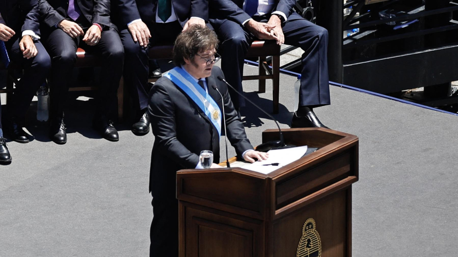 Javier Mieli durante su primer discurso como presidente de Argentina