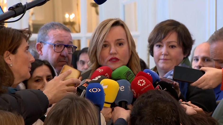 La ministra Pilar Alegría durante la rueda de prensa ofrecida a los medios