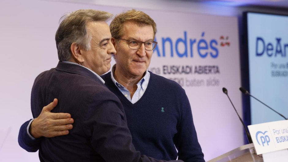 Alberto Núñez Feijóo, con el candidato del PP en el País Vasco, Javier de Andrés, este sábado en Bilbao