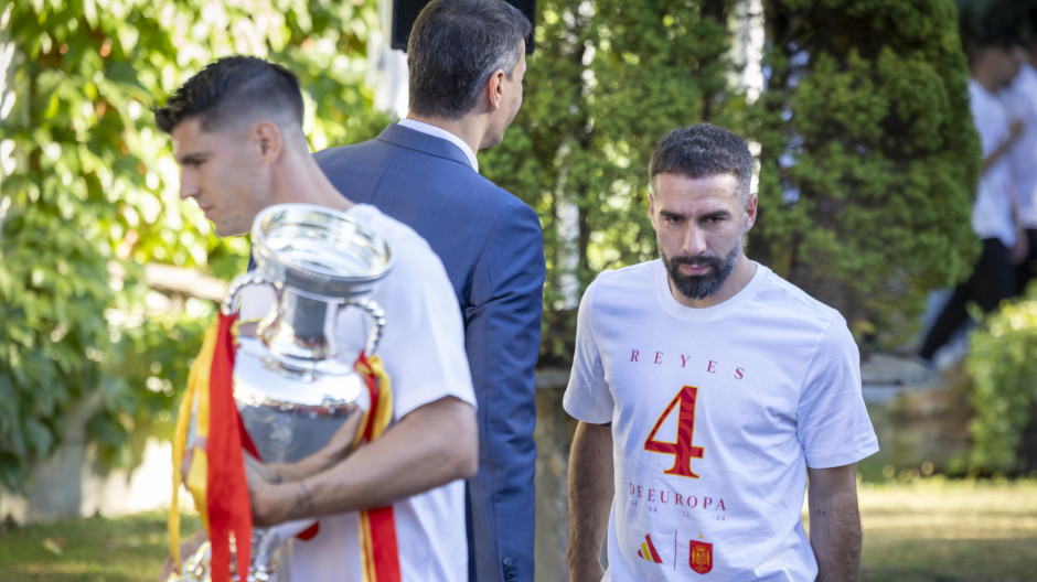 Soccerplayers Dani Carvajal and Alvaro Morata at a reception to honour the Spain Soccer team after their victory in the  UEFA Euro Germany 2024 in Madrid on Modany, 15 July 2024.