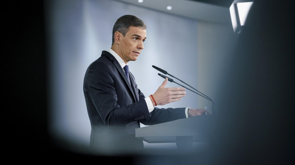 El presidente del Gobierno, Pedro Sánchez, comparece en el Palacio de la Moncloa