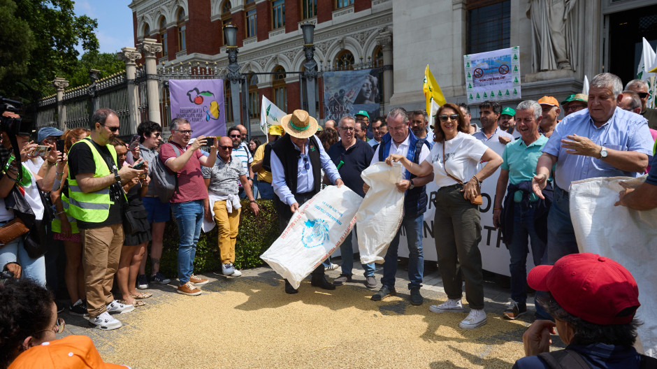 Manifestantes vacían sacos de cereal a las puertas del Ministerio de Agricultura, Pesca y Alimentación