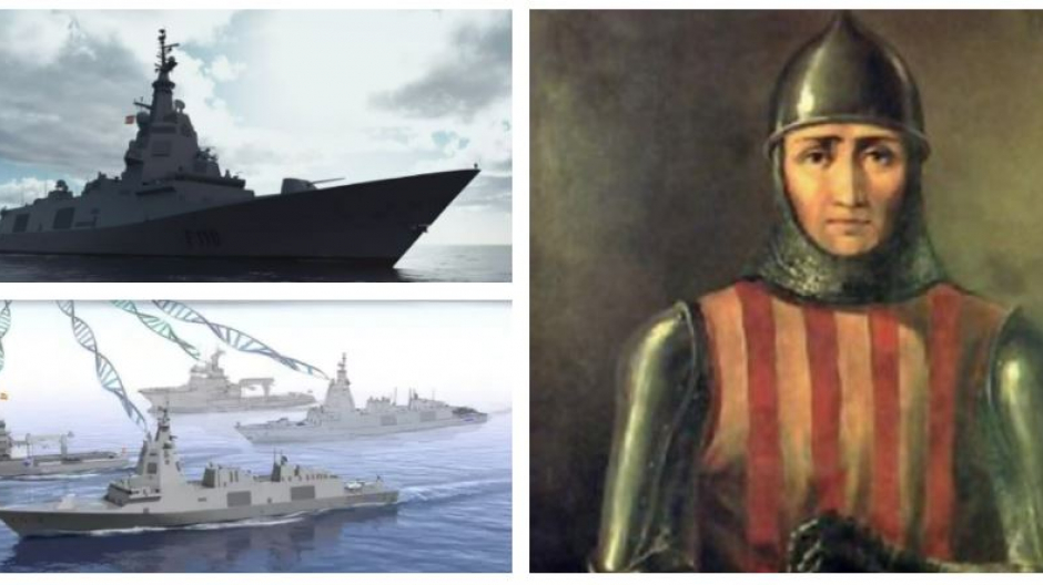 A la izquierda, simulaciones de la fragata; a la derecha, el almirante Roger de Lauria