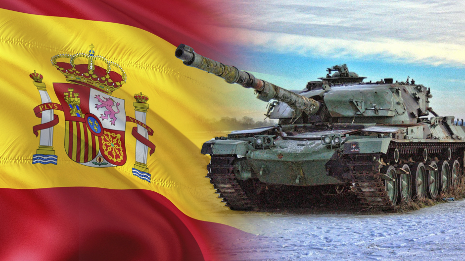 Fotomontaje de la bandera de España y un tanque