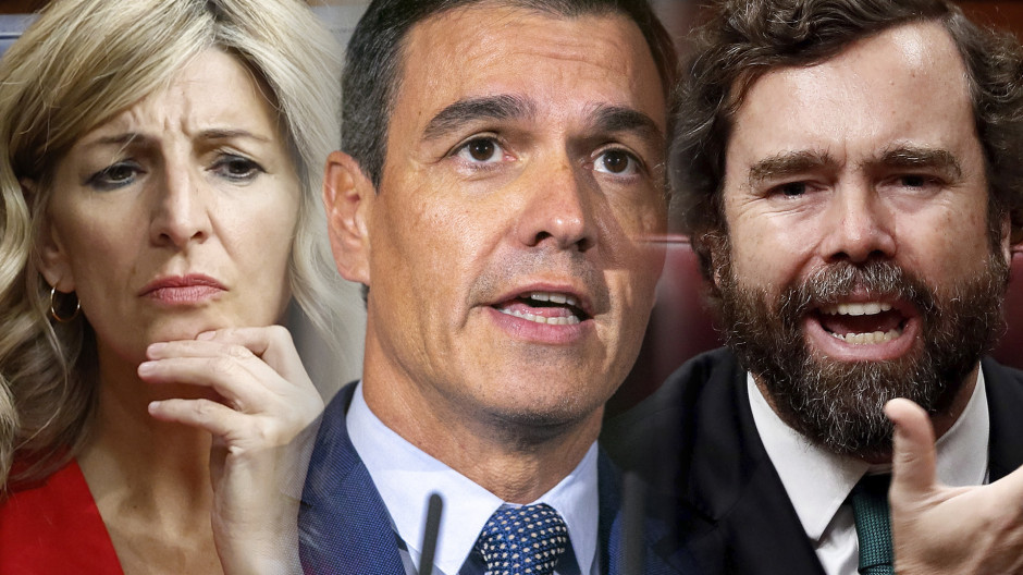 Fotomontaje de Yolanda Díaz, Pedro Sánchez y Espinosa de los Monteros