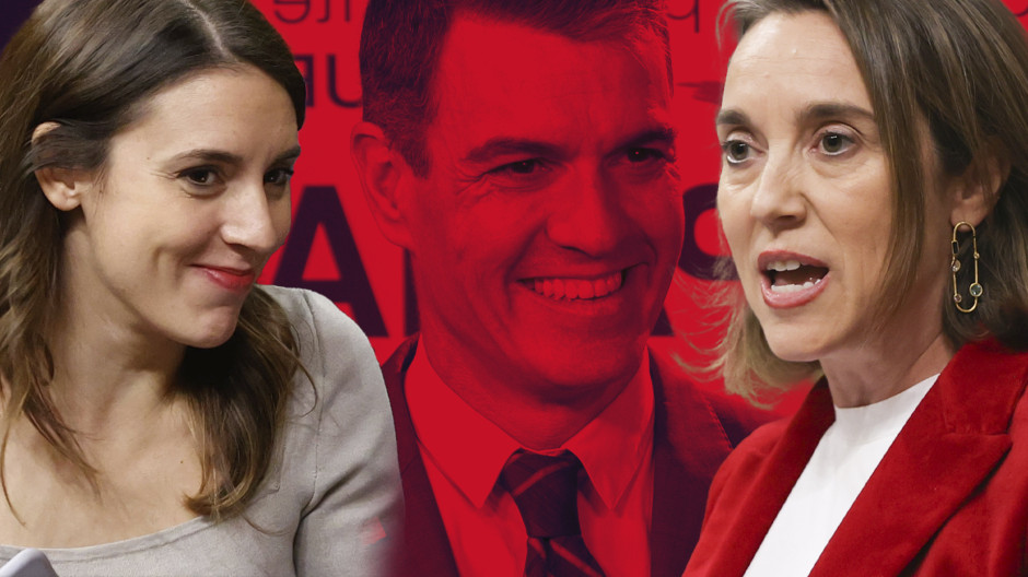 Fotomontaje de Irene Montero, Pedro Sánchez y Cuca Gamarra