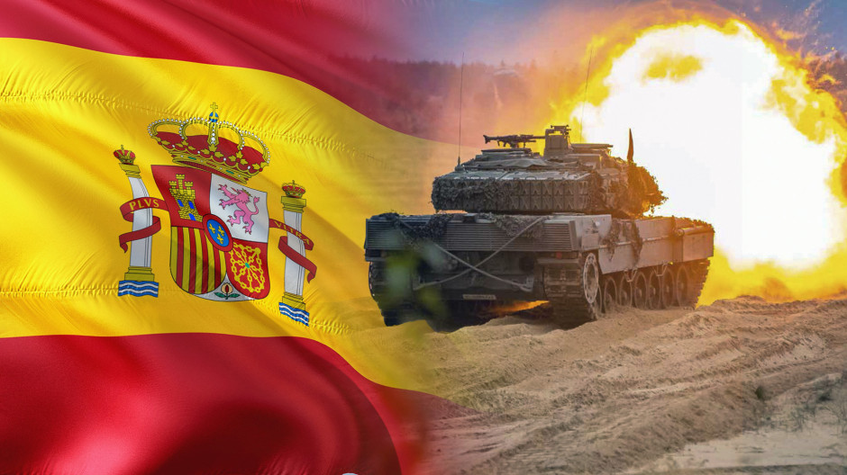 Fotomontaje de la bandera de España y un tanque