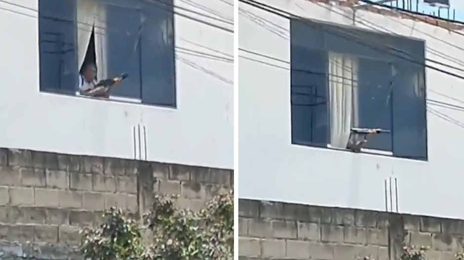El gobernador Luis Otzuka disparando desde la ventana de su casa