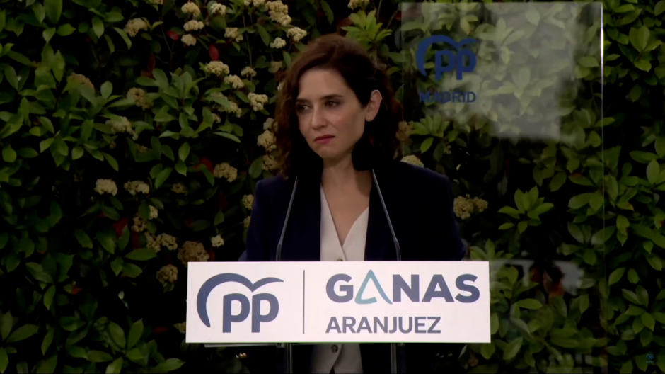 Isabel Díaz-Ayuso durante un mitin del Partido Popular este miércoles en Aranjuez