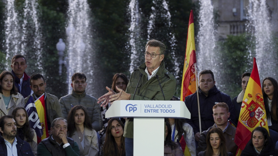 El Presidente del Partido Popular, Alberto Núñez Feijóo, durante el mitin que ha ofrecido esta tarde en Valladolid