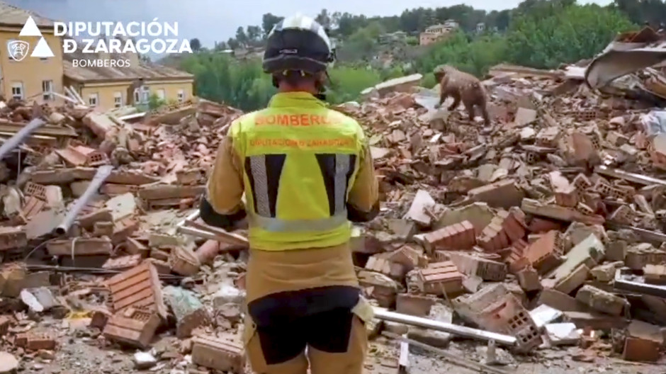 Los bomberos de Zaragoza inspeccionan los escombros del edificio derrumbado con perros de rescate