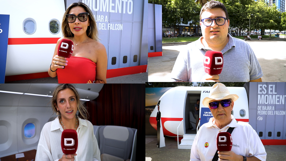 Varias personas entrevistadas junto a la réplica del Falcon de Sánchez en el Paseo de Recoletos, Madrid