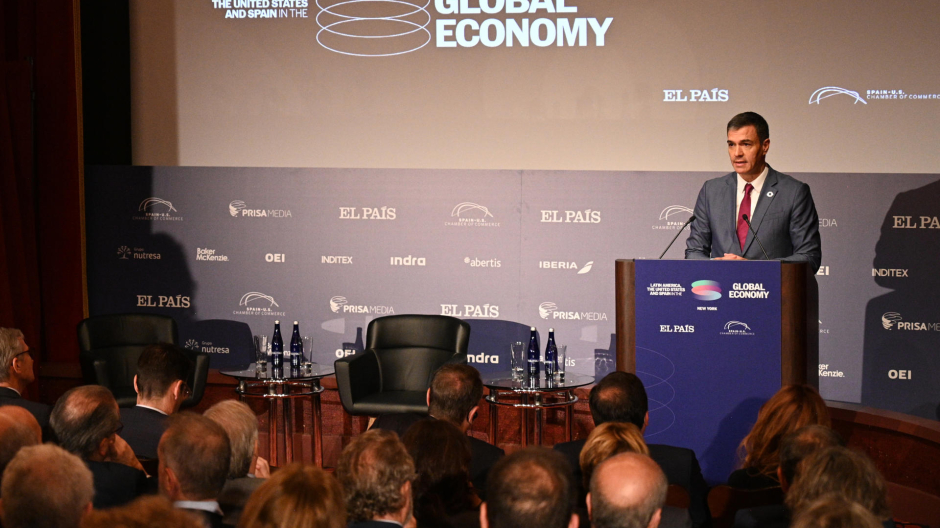 El presidente del Gobierno español, Pedro Sánchez, durante su intervención este miércoles en el foro empresarial organizado por la Cámara de Comercio de España en Estados Unidos