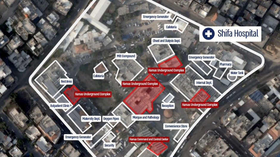 Un mapa del hospital Al-Shifa con las bases de Hamás marcadas en rojo