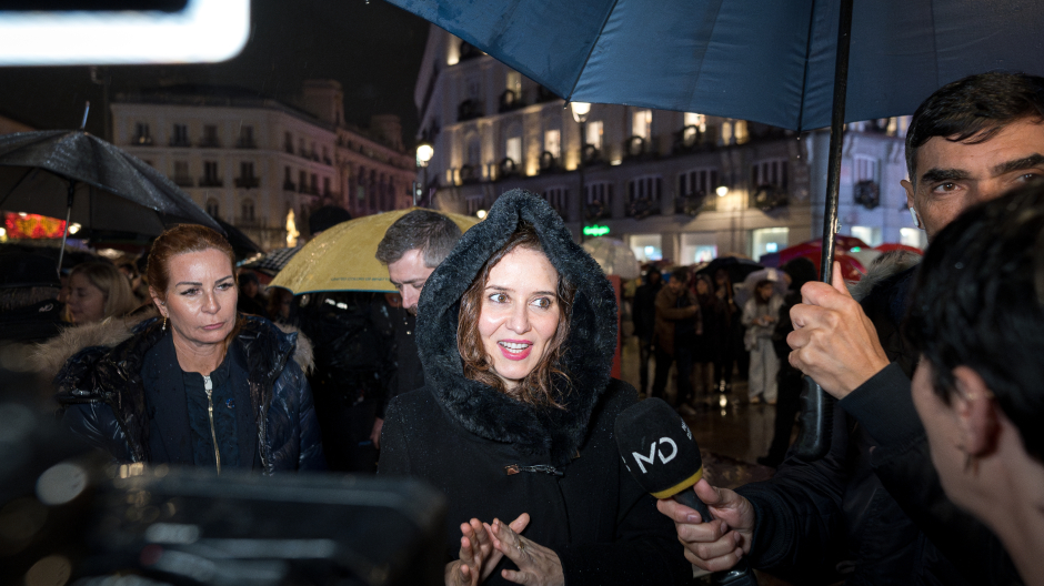 La presidenta de la Comunidad de Madrid, Isabel Díaz Ayuso, en la presentación del espectáculo navideño de la Puerta del Sol