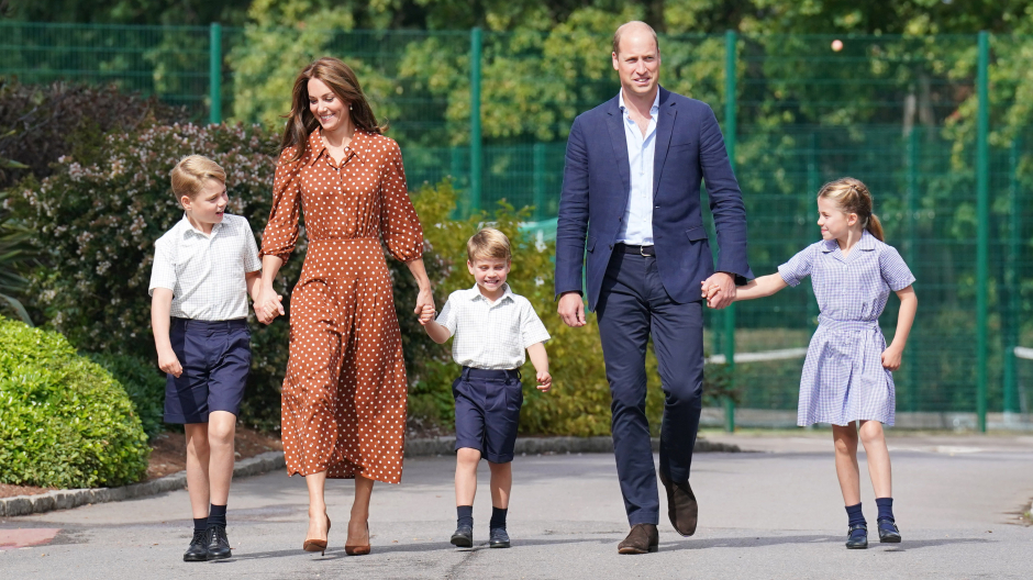 Prince George, Princess Charlotte and Prince Louis, accompanied by their parents the Prince William and Kate Middleton , Duchess of Cambridge, arrive for a settling in afternoon at Lambrook School, near Ascot in Berkshire.
