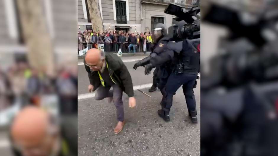 La Policía utiliza la fuerza contra un manifestante que está en el suelo y le empuja por la espalda