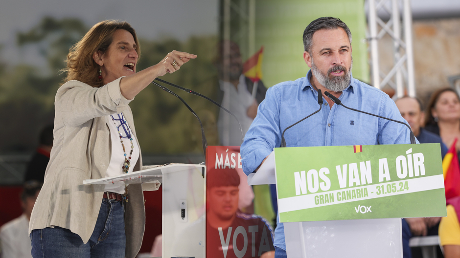 Teresa Ribera y Santiago Abascal en sus respectivos actos de campaña