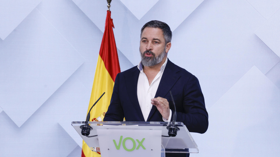 Abascal ofrece una rueda de prensa en la sede nacional de Vox