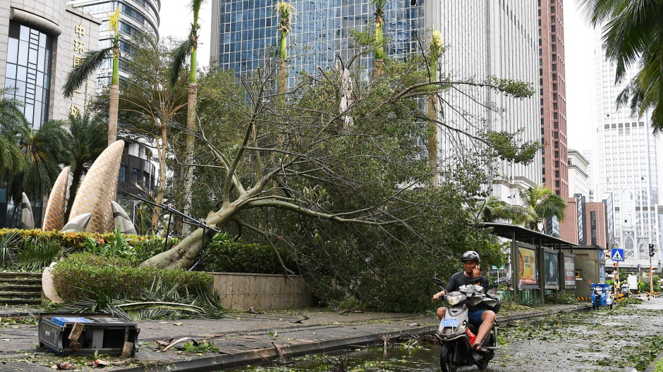 Un conductor de scooter pasa junto a un árbol caído en una calle en Haikou, provincia de Hainan, en el sur de China