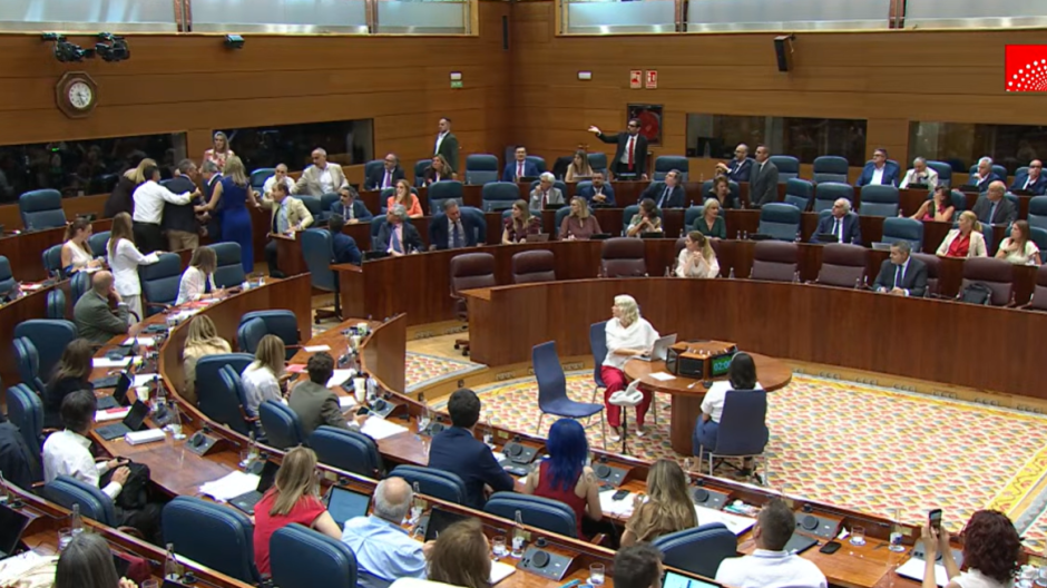 Momento en el Pleno de la Asamblea de Madrid este jueves en el que se han enzarzado un diputado del PSOE y otro del PP